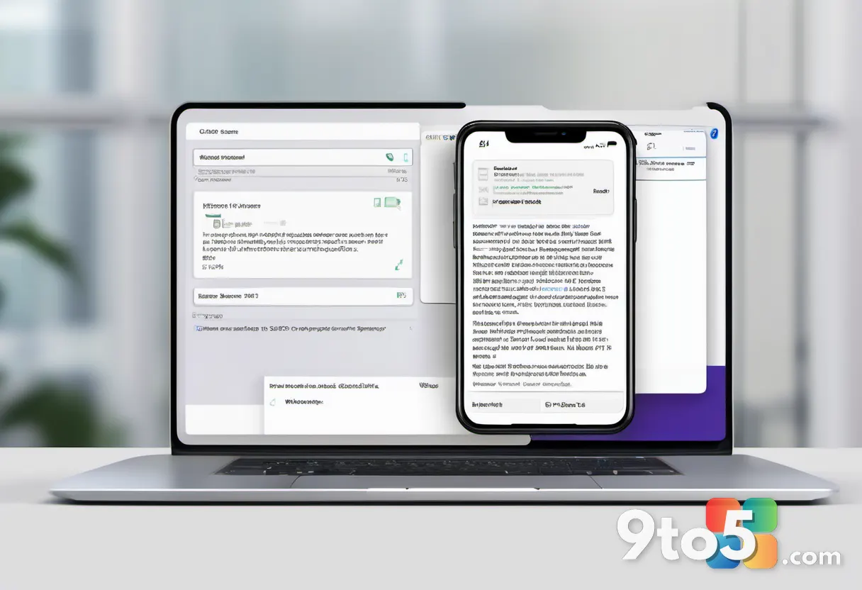 A hand holding a smartphone showing a confirmation email for a software purchase, with a laptop displaying the Office su