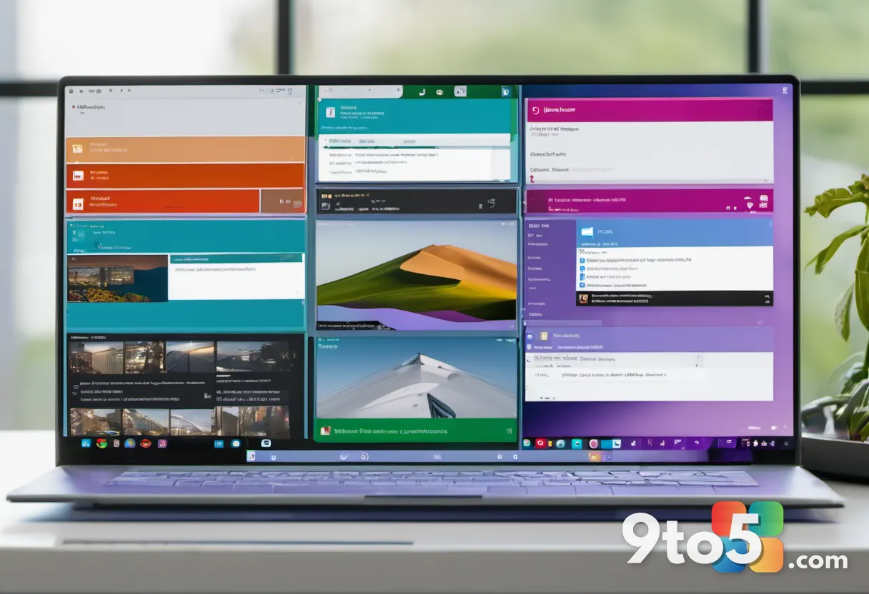 Close-up of a laptop screen showing Windows 11 Snap Layouts in action with multiple document windows organized neatly, s