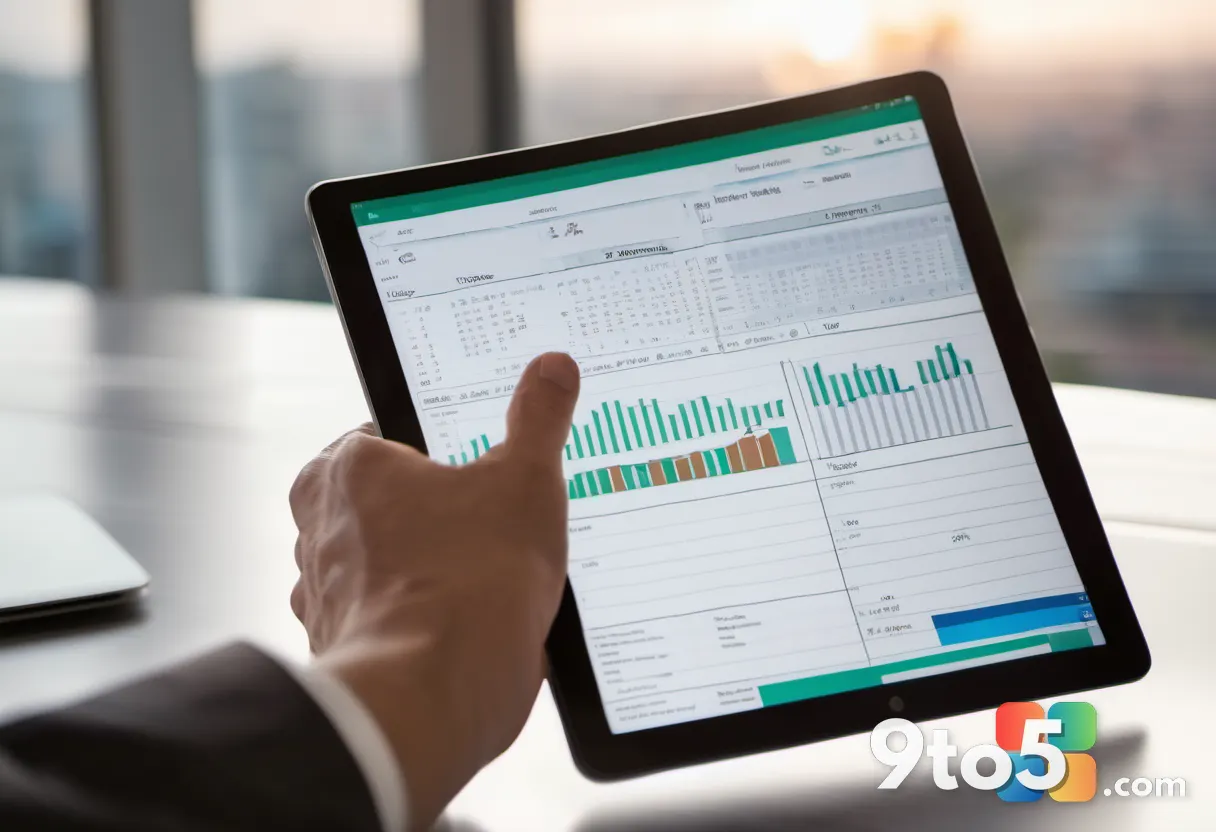 A close-up shot of a hand holding a digital tablet showing a completed spreadsheet, with a blurred office background and
