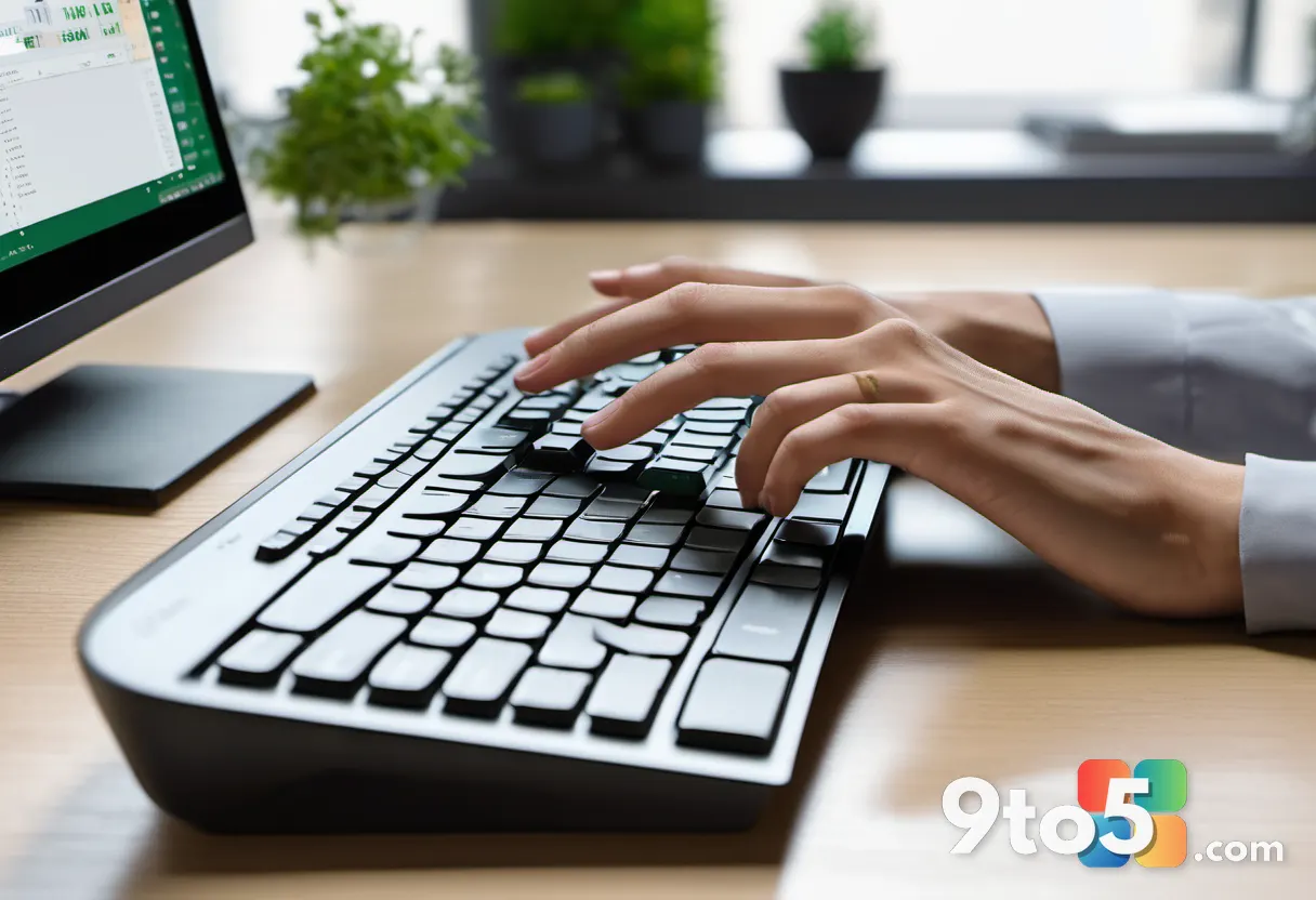 Close-up of a hand typing on a sleek keyboard with a blurred background of a computer screen showing Excel spreadsheets.