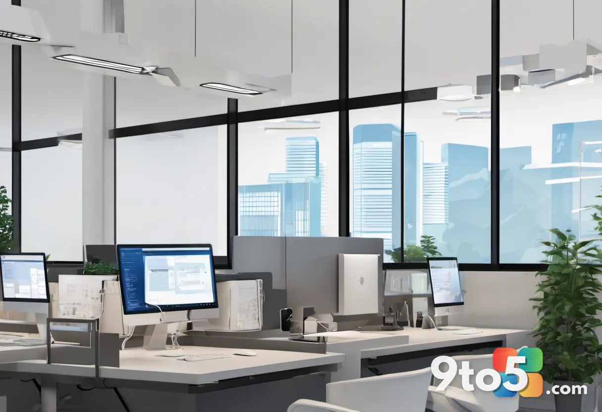 A split-screen graphic showing a corporate office environment on one side and a home desktop on the other, connected by 