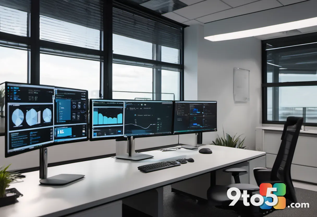 An IT administrator's workstation showing multiple monitors with system management dashboards and a clear view of Window
