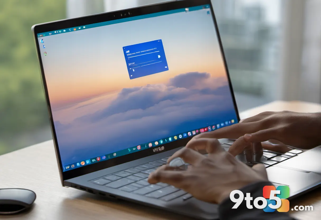 A close-up of a hand interacting with a touchscreen laptop displaying a cloud storage interface, modern workspace backgr
