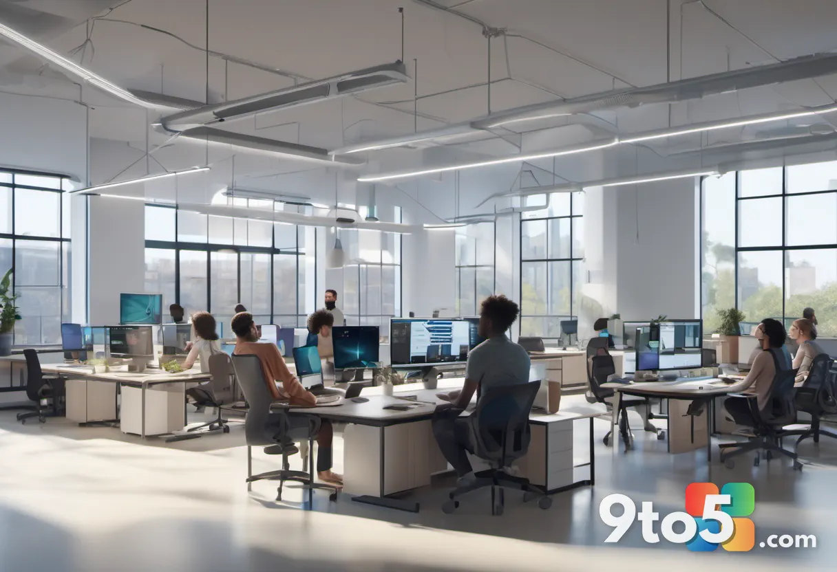 Wide shot of a diverse group of people using laptops in a bright collaborative workspace, emphasizing accessibility and