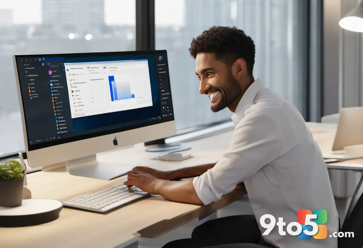 A user smiling while working on Outlook, with a simplified interface visible on the screen, warm office lighting, relaxe