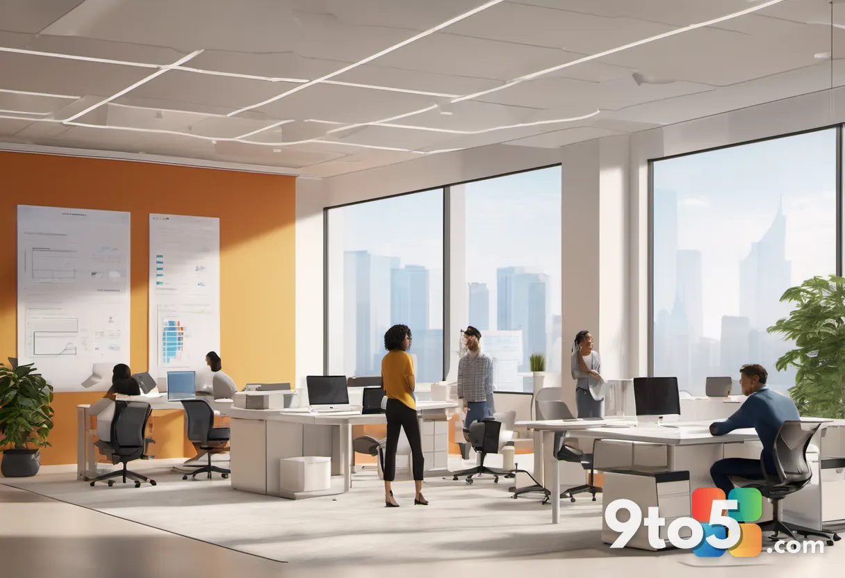 A diverse group of professionals collaborating in a bright, modern office, symbolizing workplace connectivity and commun