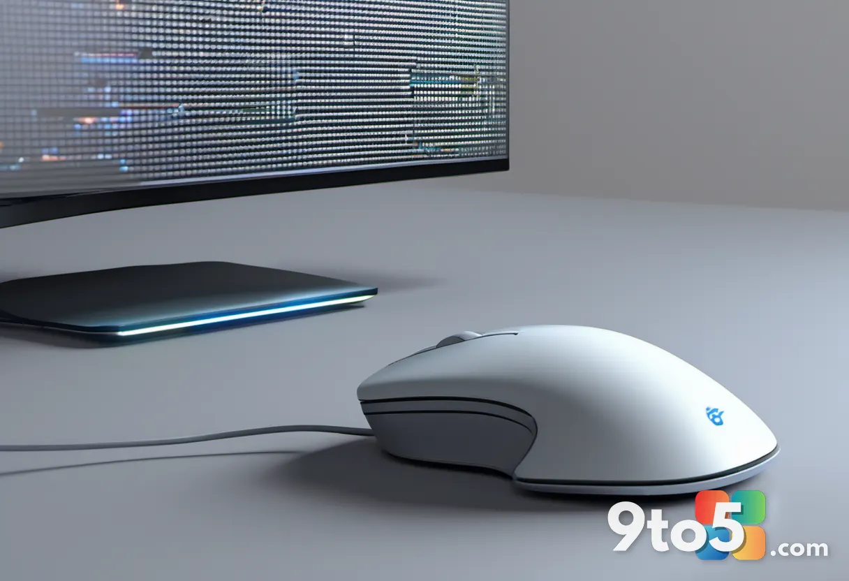 A close-up, high-resolution photograph of a modern computer mouse hovering over a keyboard, with a subtle digital glow e