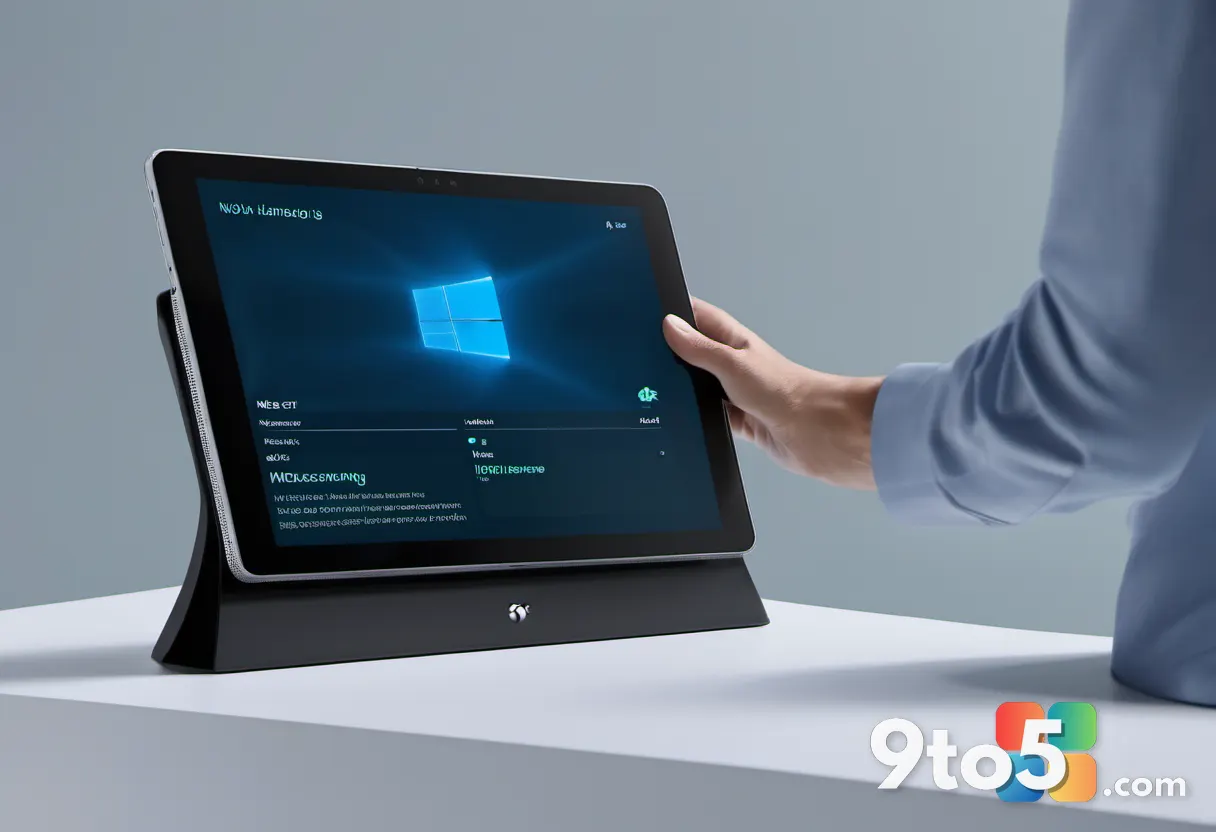 A user holding a Windows on Arm tablet with a concerned expression, looking at a 'Check for updates' screen, with a subt
