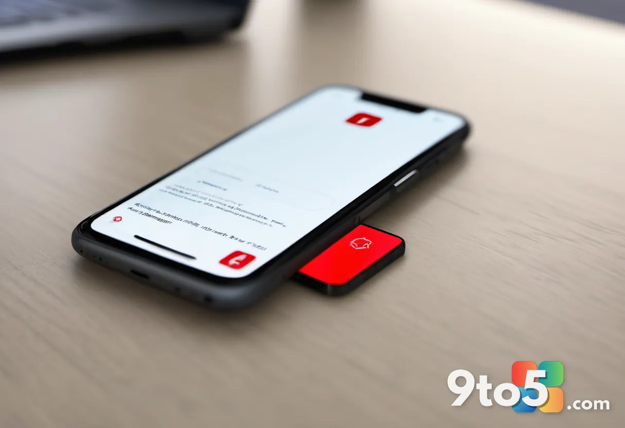 A close-up of a smartphone screen showing a suspicious link being clicked, with a red warning icon, on a blurred office 