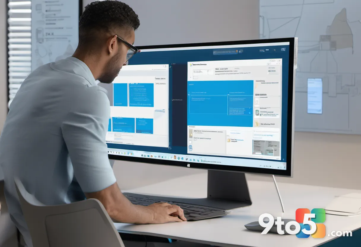 A professional at a desk viewing several Microsoft 365 app icons on a monitor, with a subtle Project Online retirement n