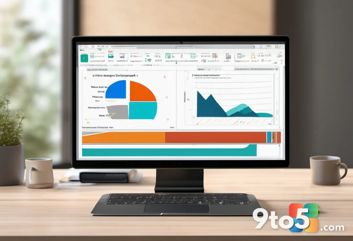 A laptop screen showing PowerPoint with a colorful SmartArt hierarchy diagram beside a coffee cup on a tidy wooden desk,