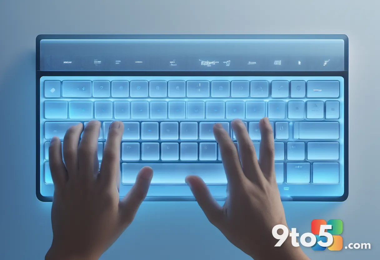 A close-up view of a keyboard with hands typing, symbolizing productivity and efficiency, with a subtle glow of blue lig