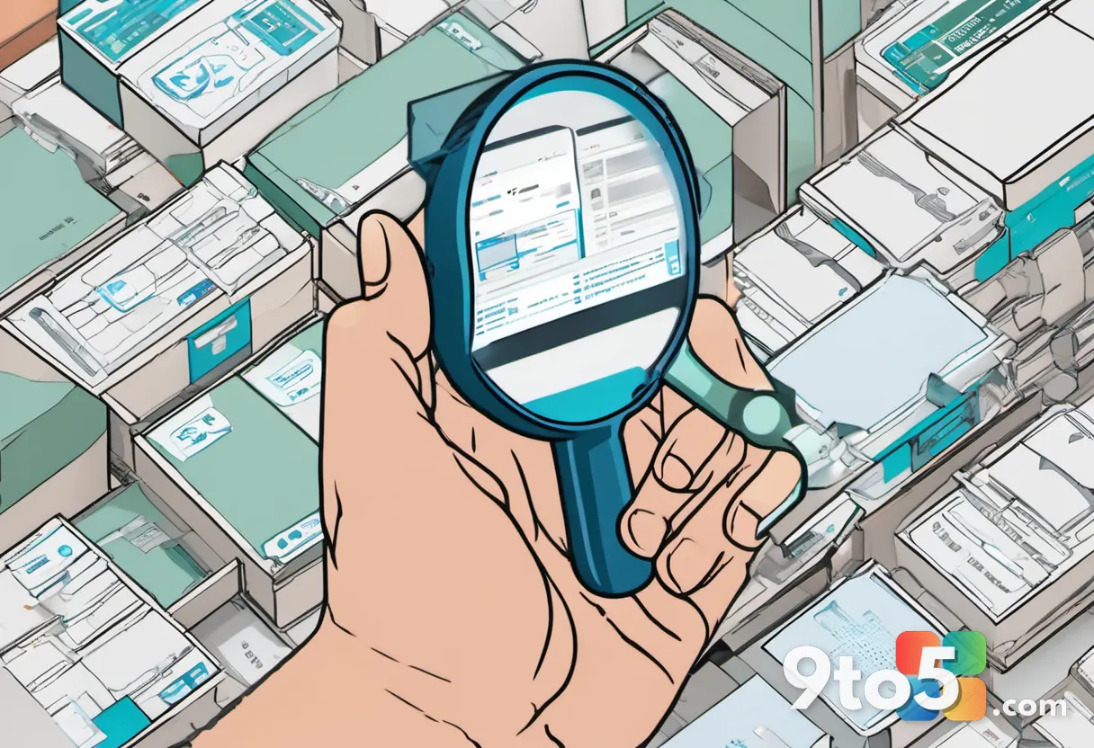 An illustration of a hand holding a magnifying glass over a stack of Microsoft product boxes, with arrows pointing to di
