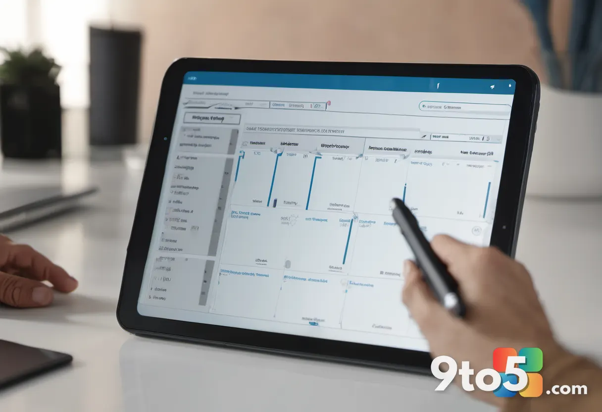 A close-up of a hand using a stylus to draw a milestone marker on a digital tablet showing a complex project schedule, w