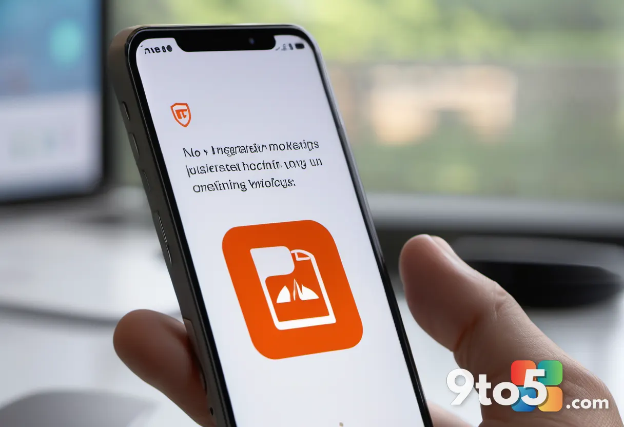 Close-up of a hand holding a smartphone displaying a PDF icon with a warning symbol, blurred modern office background, r