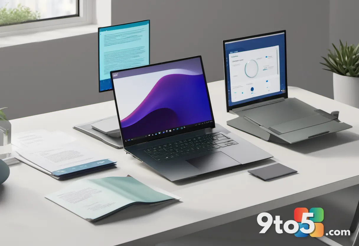 A clean workspace showing a laptop with a modern design application open alongside printed brochures, captured from a hi