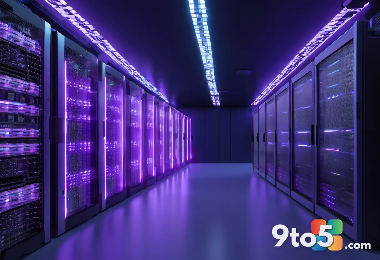 A 3D render of a server room with glowing data streams flowing into a Windows logo, symbolizing enterprise software dist