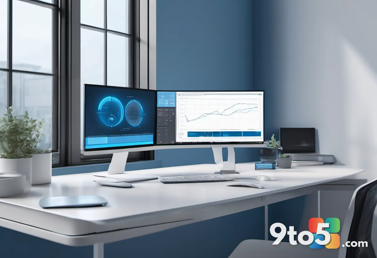 A minimalist desk setup with a laptop and external monitor displaying system performance metrics, cool blue tones, profe