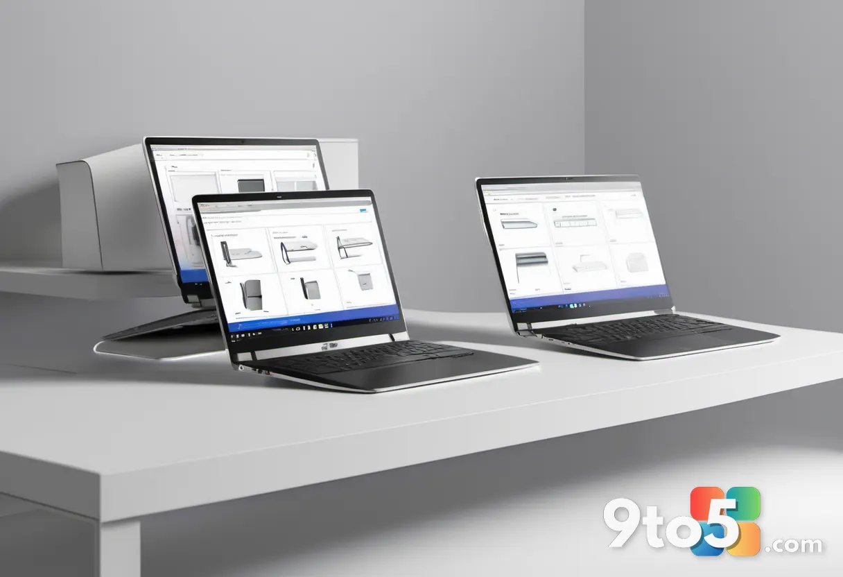 A lineup of slim, silver laptops on a clean white display shelf with subtle price tags, captured from a low angle with s