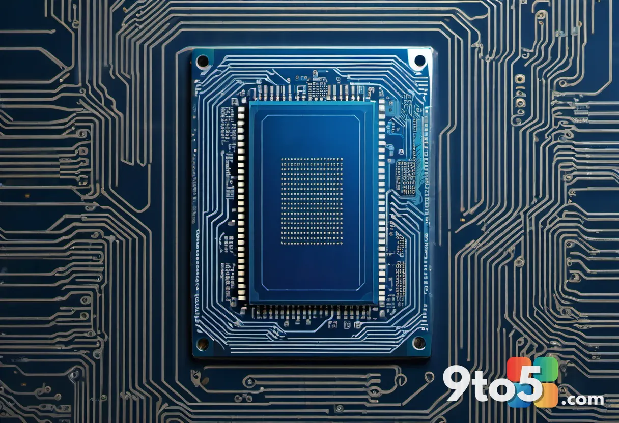 A detailed macro shot of a DRAM memory chip on a circuit board, with glowing blue data lines and a shallow depth of fiel