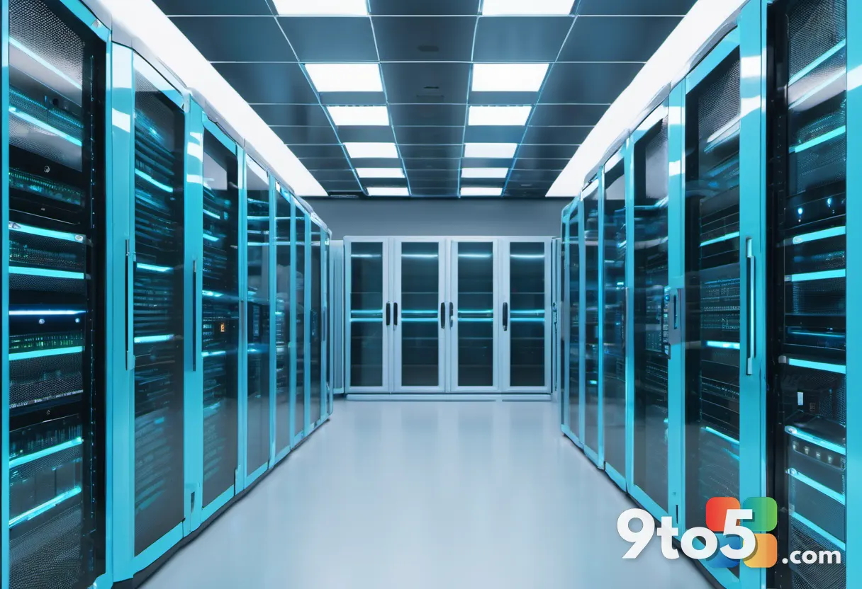 A futuristic server room with rows of glowing blue storage units and flowing data streams, shot with a wide lens and a c