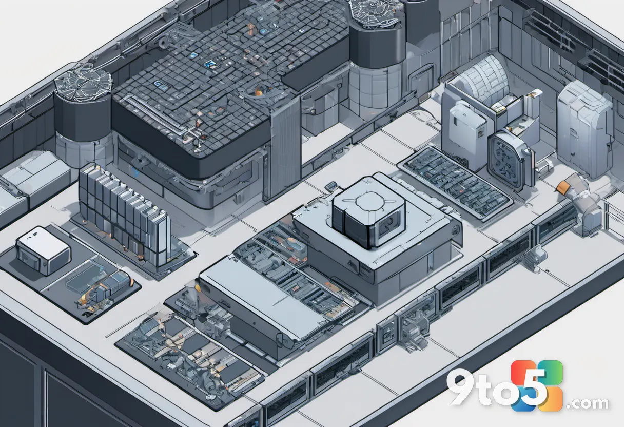 A split view of a factory assembly line with RAM chips on one side and a stack of Windows license keys on the other, con
