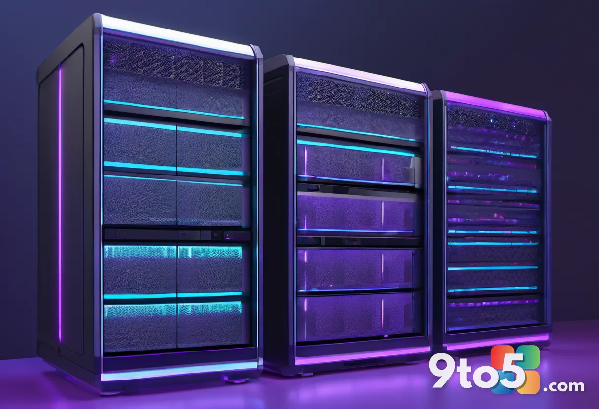 A stylized illustration of a network server rack with glowing data lines connecting to multiple desktop icons, rendered 