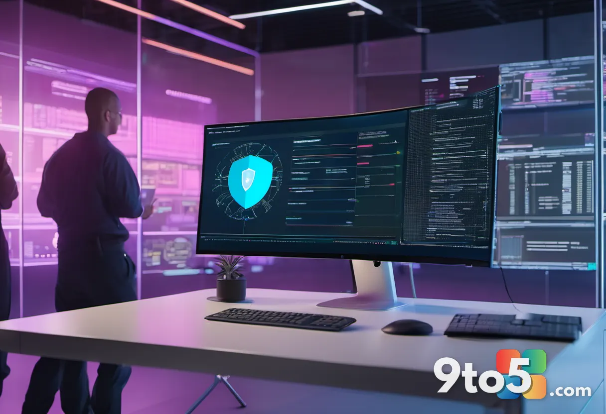 A diverse group of security researchers collaborating around a large holographic screen displaying code and security ale