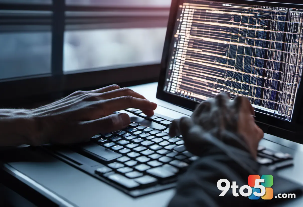 A close-up of a developer's hands typing on a backlit keyboard, with a blurred screen showing complex code and terminal 