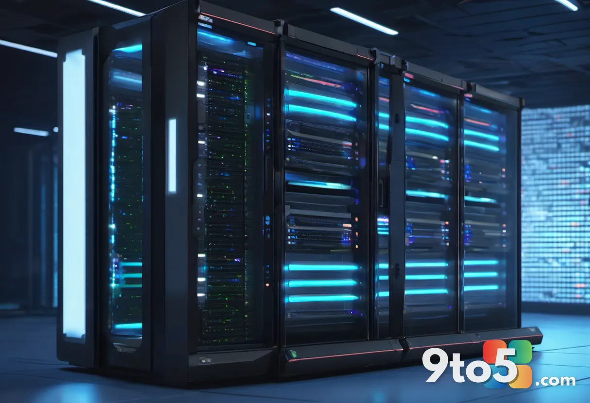 A close-up of a server rack with glowing status lights, representing enterprise data management and backup infrastructur