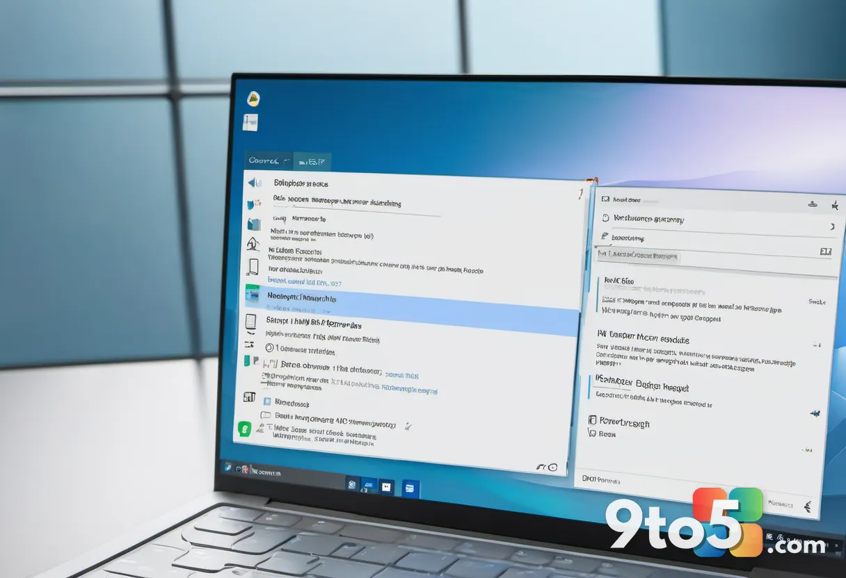 A close-up of a laptop screen showing Windows Update settings with a spinning progress ring, soft blue tones, shallow de