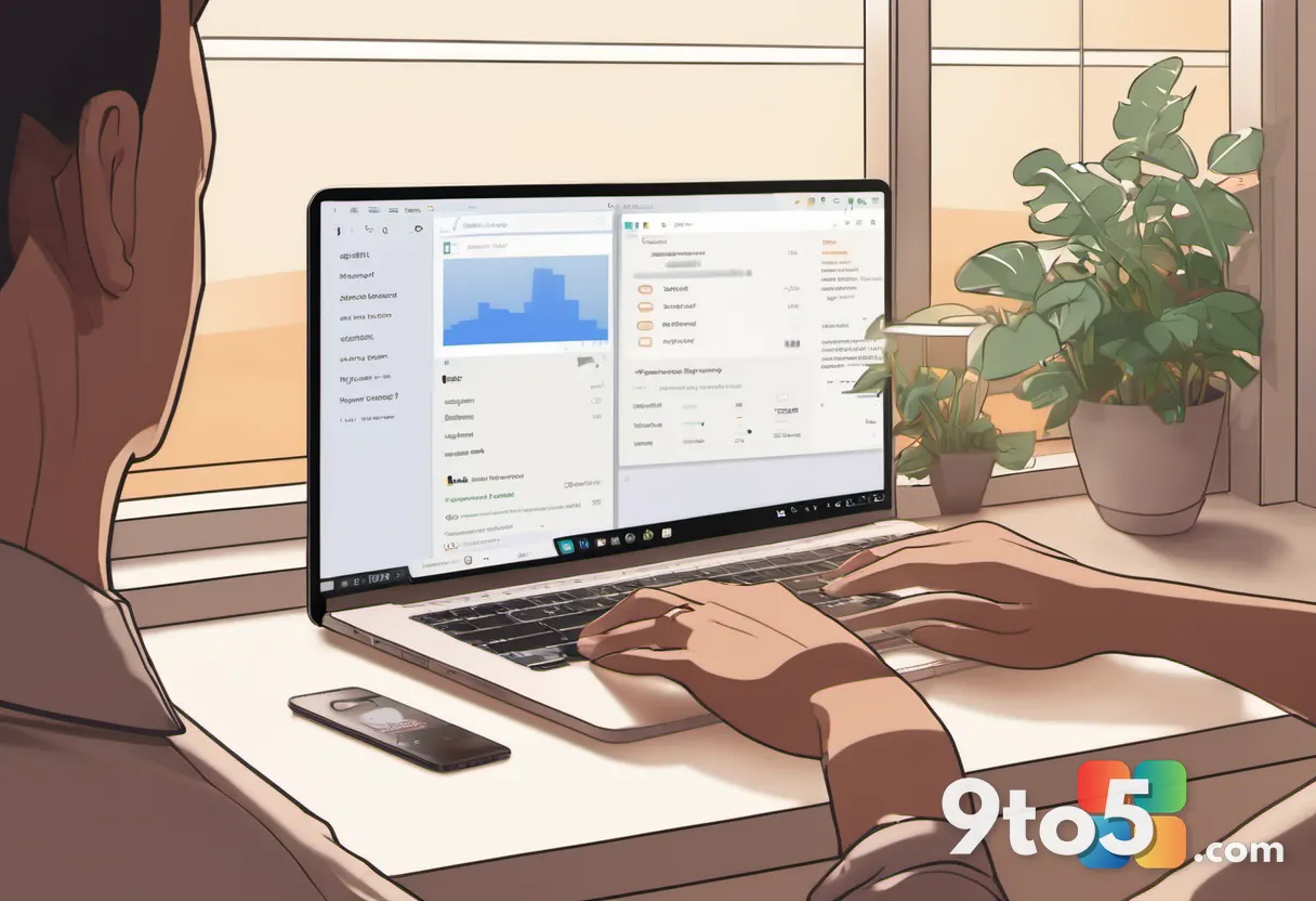 A pair of hands holding an Android phone beside a Windows laptop, with a glowing file icon transferring between the two 