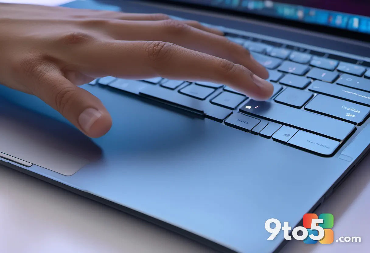 A close-up of a finger tapping a glass touchpad on a modern laptop, with soft blue ambient lighting reflecting off the s