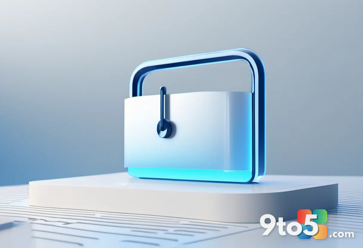 A minimalist illustration of a digital lock and key floating in a clean, abstract space with soft gradients of blue and 
