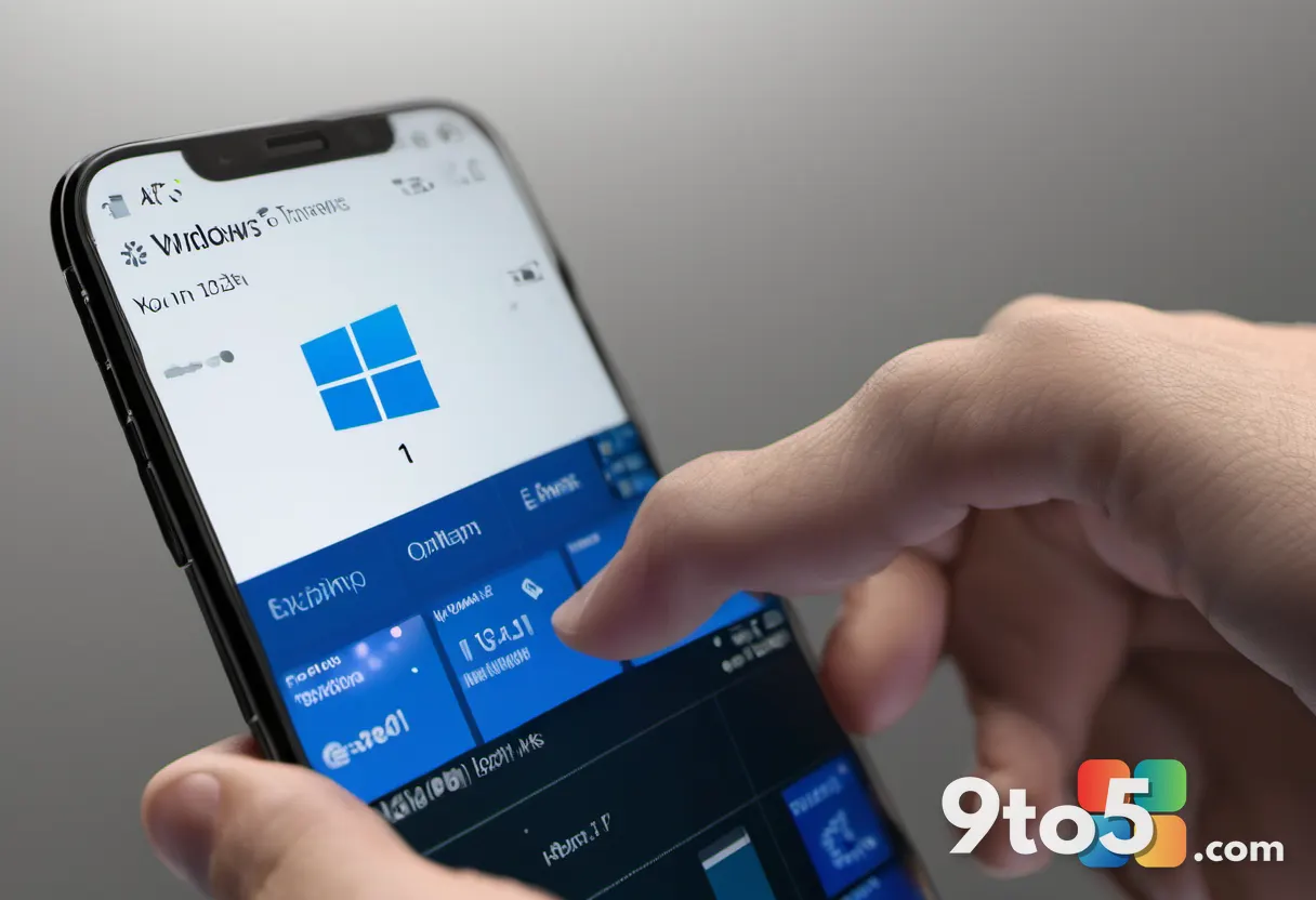 A hand holding a smartphone displaying a Windows logo, with a background of binary code transitioning to a clean interfa