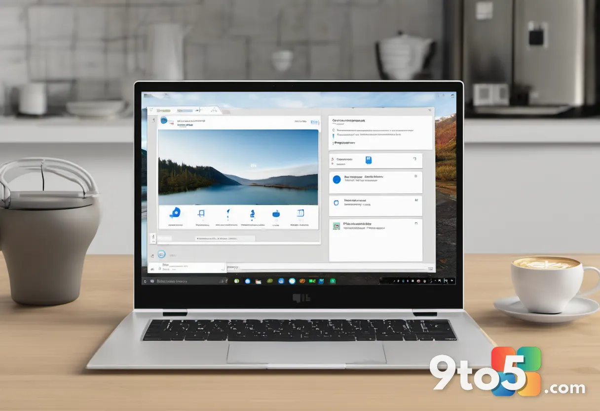 A sleek laptop screen displaying the Windows Settings menu with the Nearby sharing toggle highlighted, resting on a wood