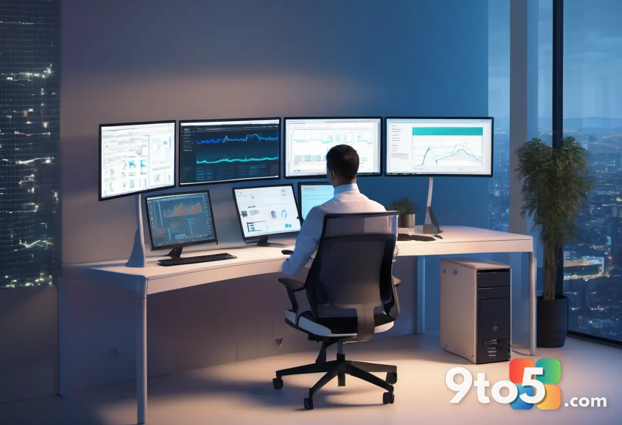A professional IT administrator at a desk with multiple monitors showing dashboards and analytics, soft blue ambient lig