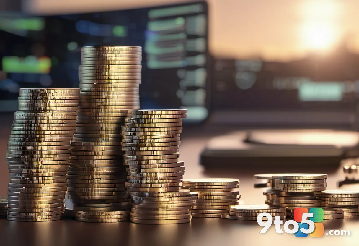 A stack of coins transforming into digital AI tokens, symbolizing the cost of AI usage, with a blurred office background