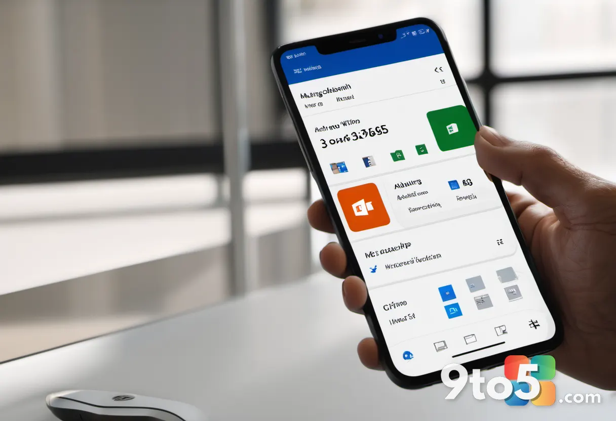 A person using a smartphone showing a Microsoft 365 admin interface on the screen, casual office setting, warm natural l