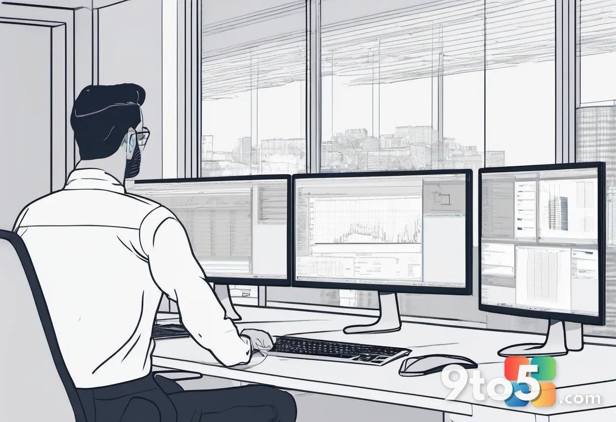A professional IAM administrator reviewing a complex flowchart on a dual-monitor setup, with a concerned expression, in 