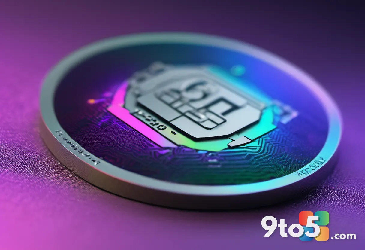A close-up macro photograph of a holographic security seal sticker on software packaging, its iridescent surface shiftin