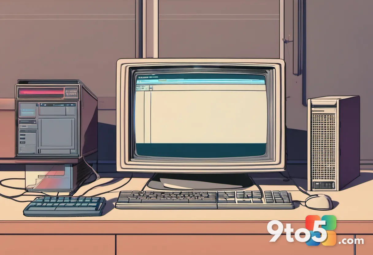 A retro 1990s computer desk scene with a CRT monitor, a Windows 95 CD-ROM case, and packaging materials, soft warm light