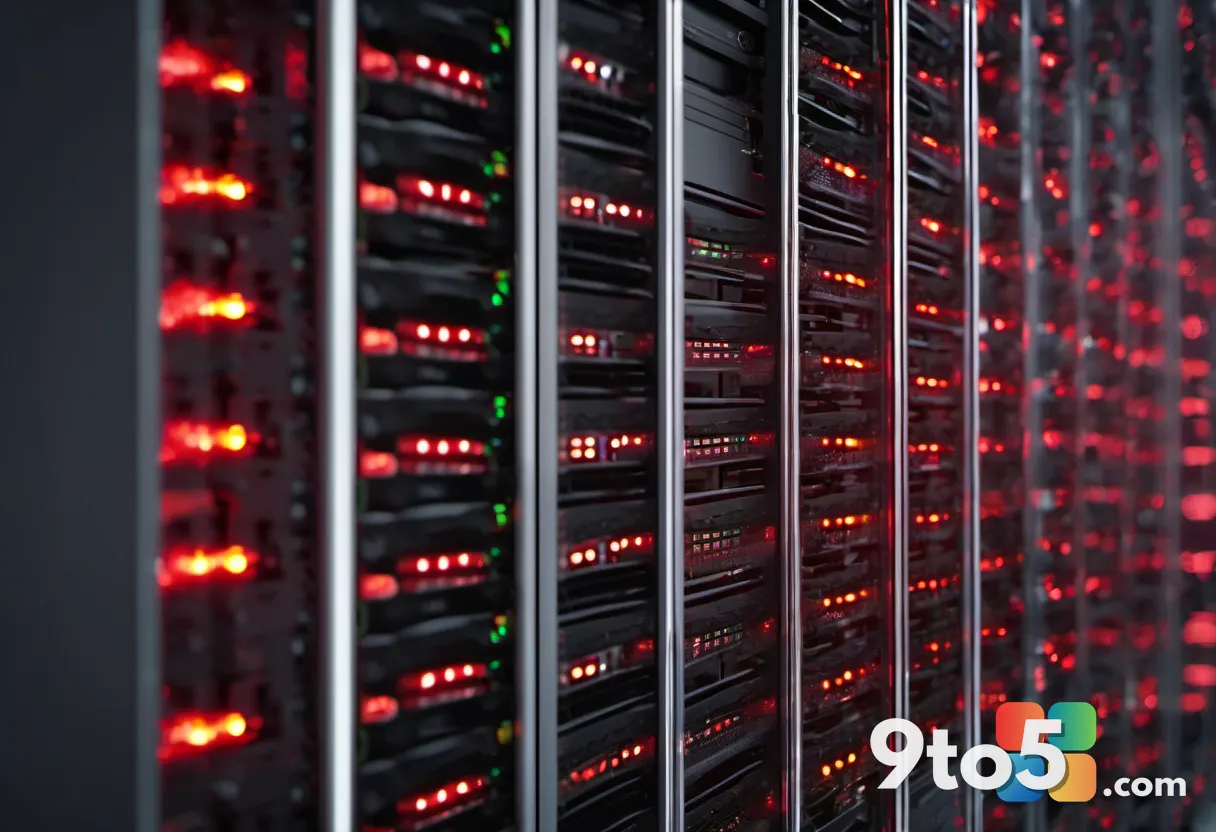 A close-up of a server rack with blinking red lights and a digital overlay showing a deprecated plugin icon being discon