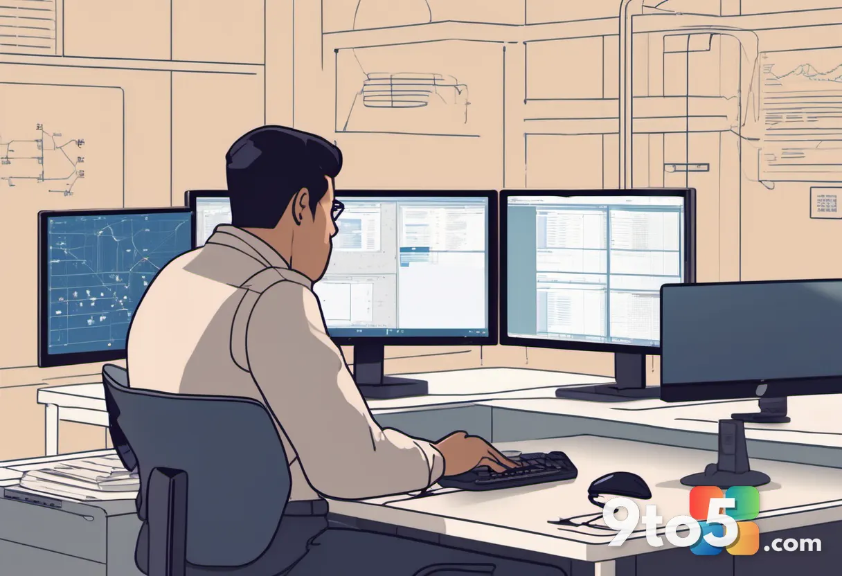 An IT administrator at a desk reviewing multiple monitor screens showing error logs and hardware connection diagrams, wi