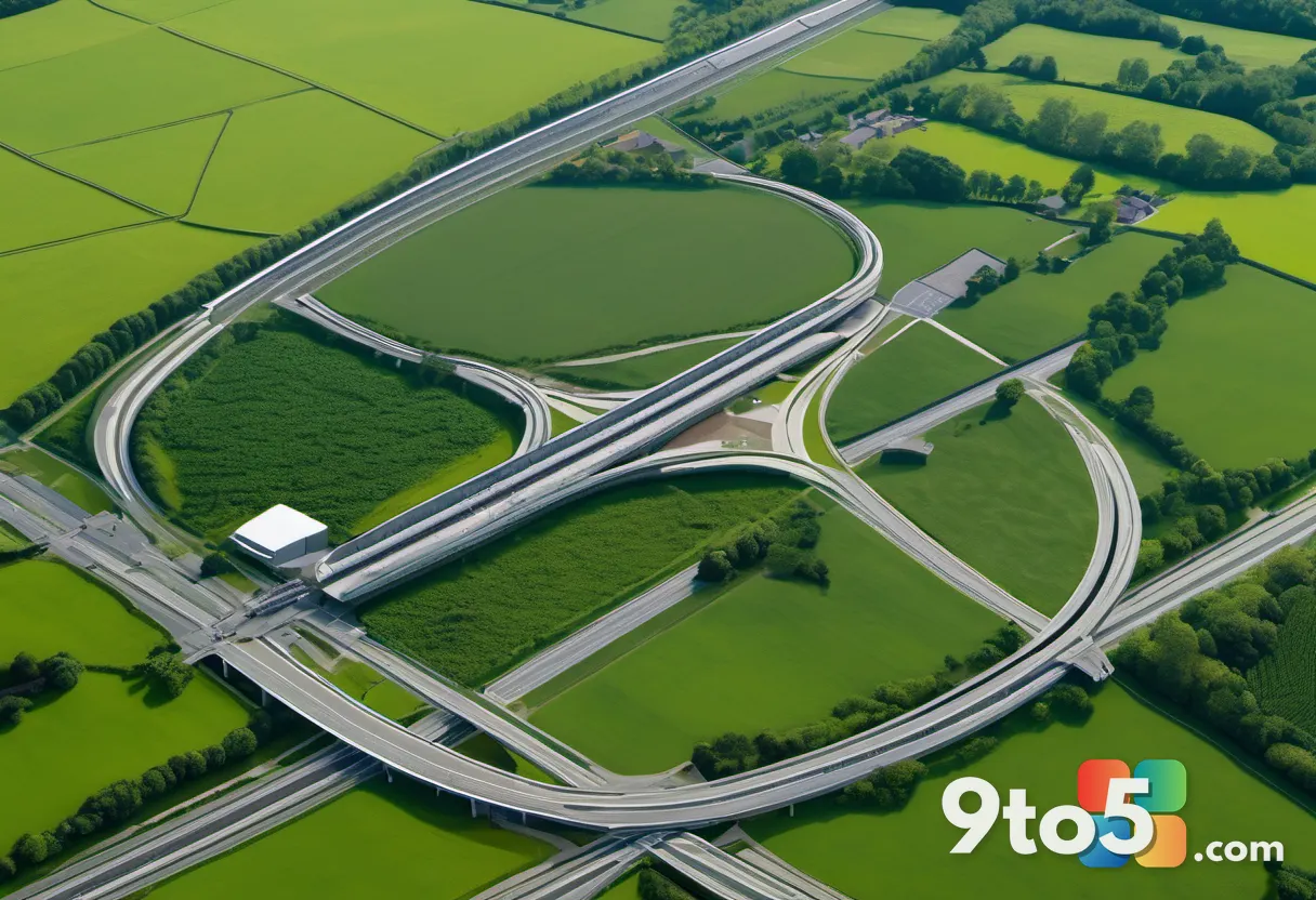 An aerial drone view of a lush green Yorkshire valley with a modern highway cutting through it, showing the contrast bet