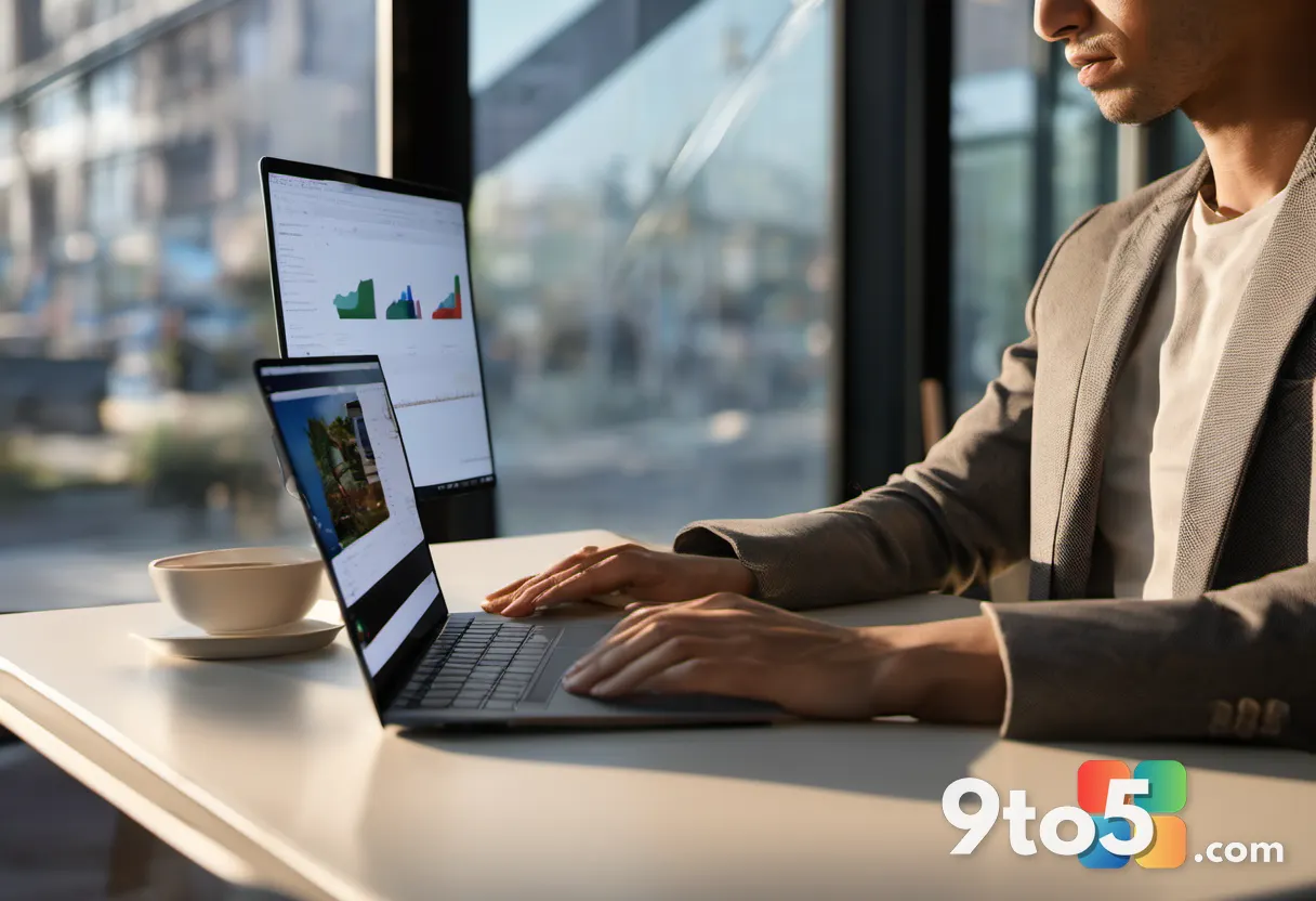 A person working at a coffee shop using the open Surface Laptop, showing the thin bezels and lightweight design, warm am