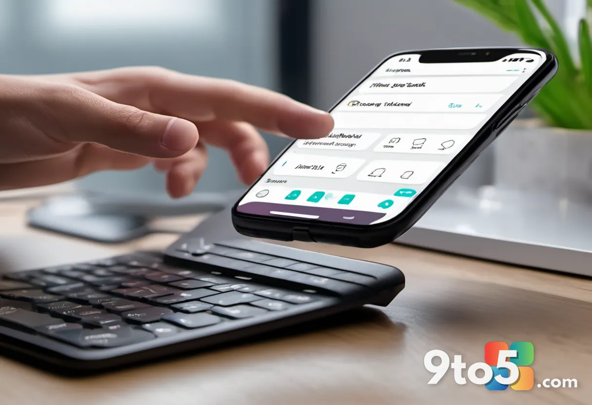 A person's thumbs typing on a smartphone screen showing the SwiftKey keyboard, shallow depth of field, warm indoor light