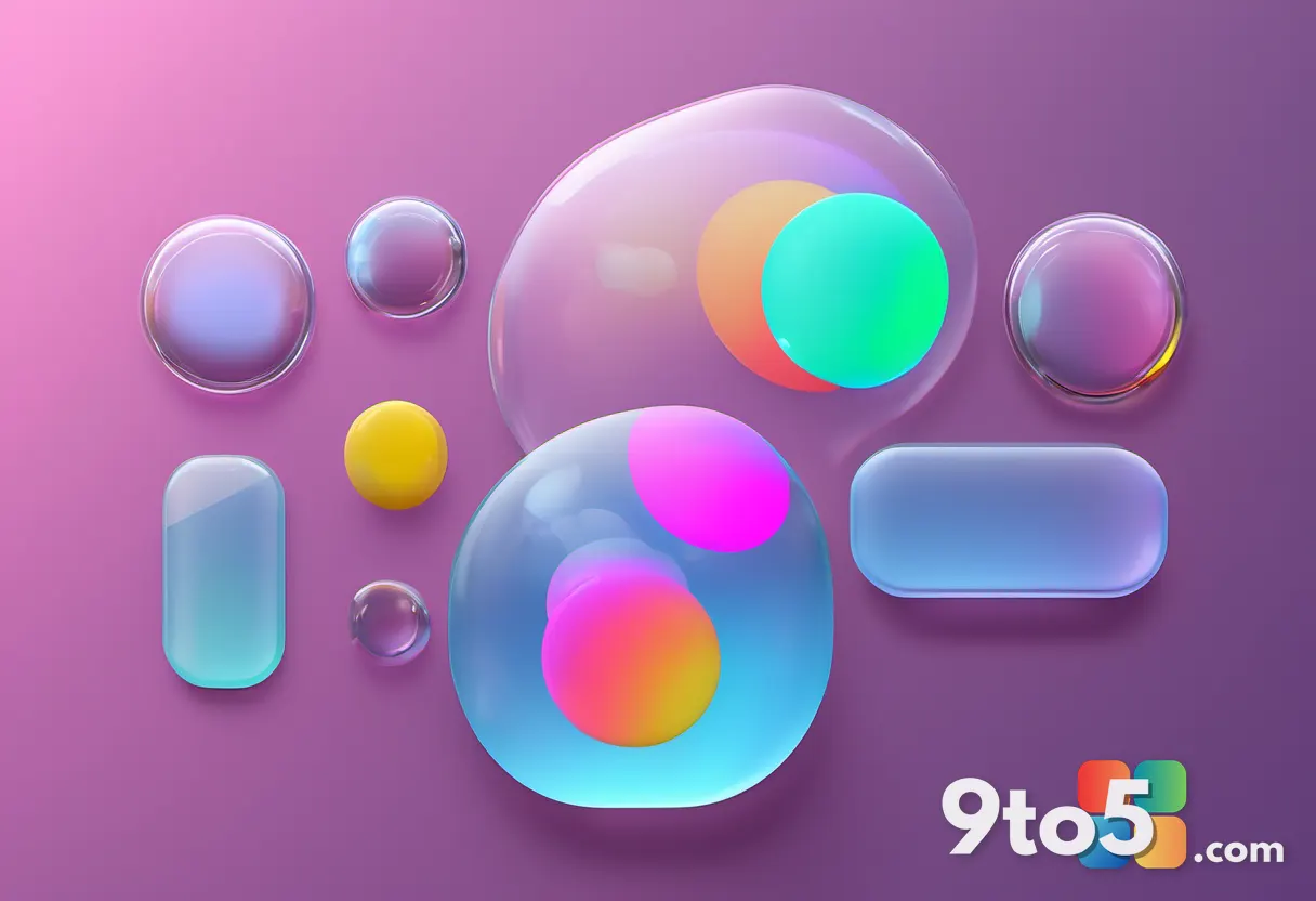 An abstract illustration of translucent glass UI panels and buttons floating over a colorful background, evoking Apple's