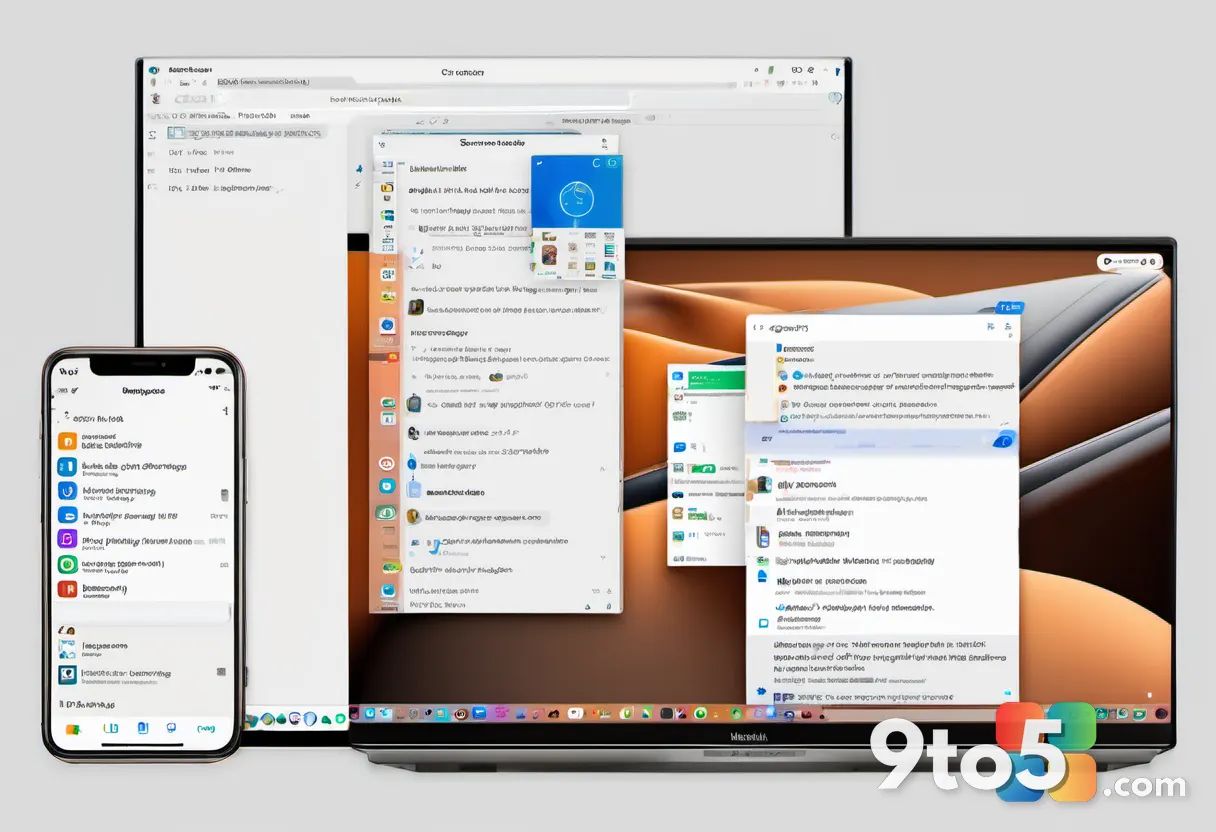A split-screen view of a desktop and mobile device showing synchronized chat and file icons, highlighting cross-device w