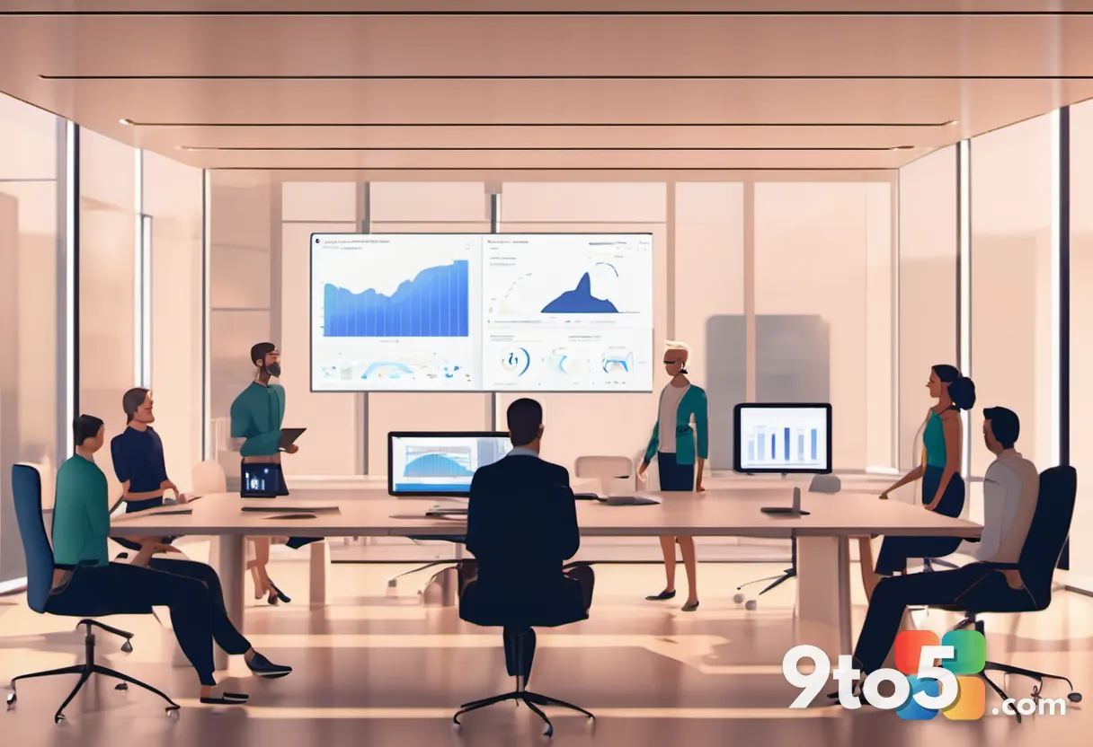 A diverse team collaborating around a conference table with a large screen showing a Teams meeting interface, warm light